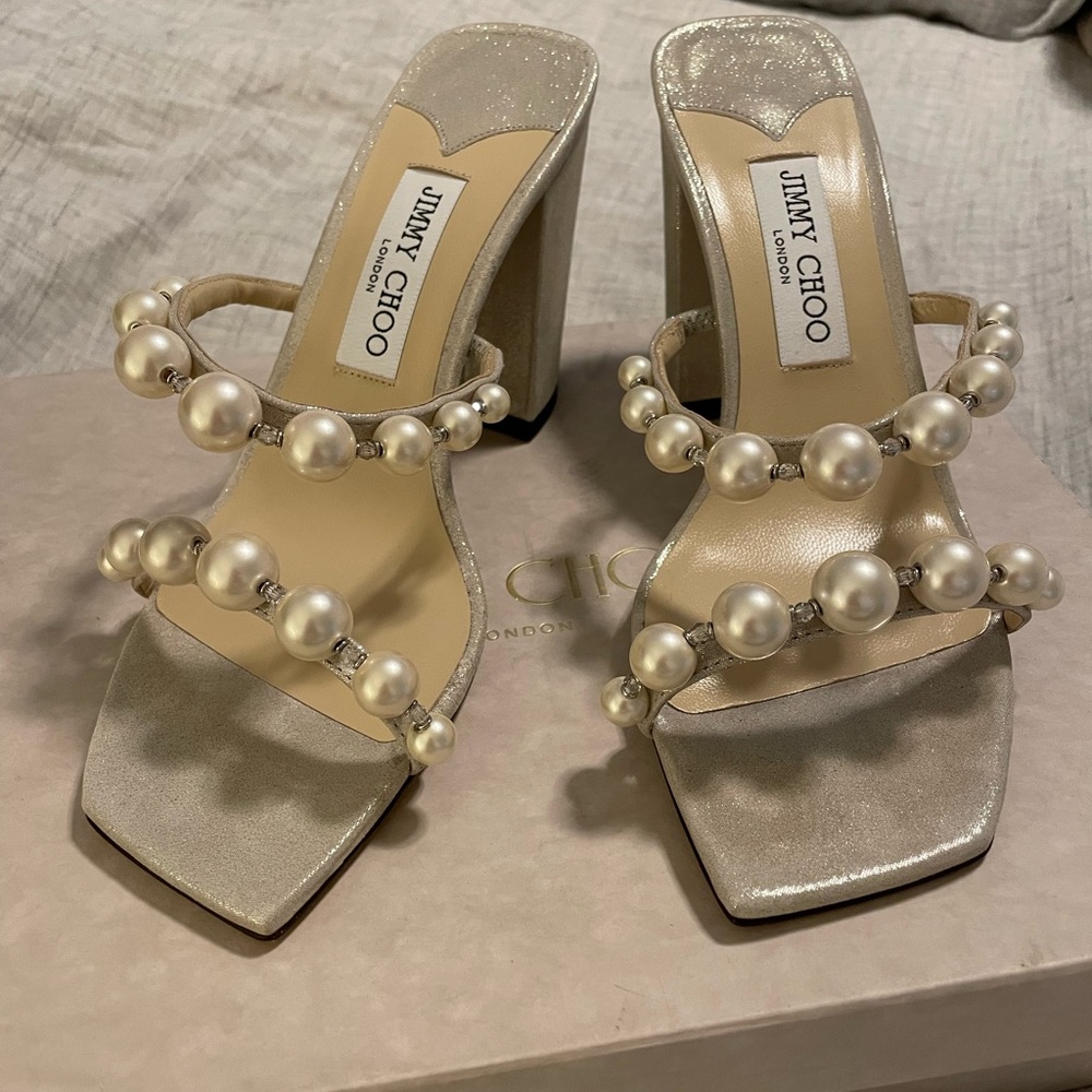 Jimmy Choo Amara Embellished Slide Sandal Champagne Leather Brand New